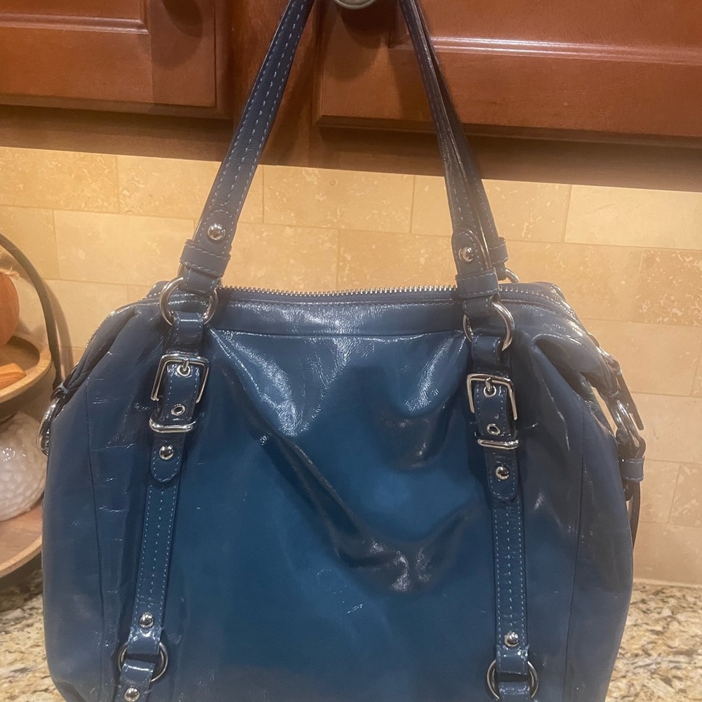 COACH NWOT Alexandra convertible Patent teal blue silver hardware strap